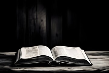  A wooden table adorned with an open Bible, showcasing the beauty of simplicity and the power of religious texts. (116 characters)