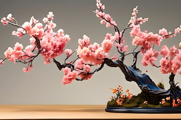 A panoramic view of a bonsai tree with pink flowers on top, set against the enchanting beauty of cherry blossoms in full bloom.