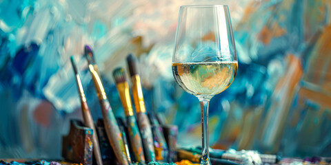 Glass of Wine Amidst Artistic Chaos of Paints and Brushes