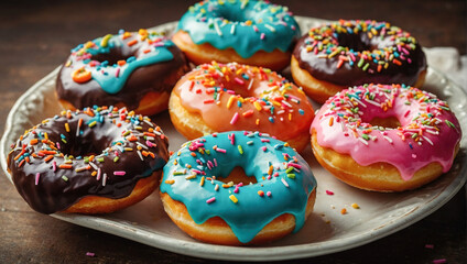 Delicious doughnuts with sprinkles on white light background