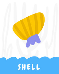 Learn underwater flashcard. Learning English words for kids. Cute hand drawn doodle educational card with shell. Preschool under sea, ocean life learning material