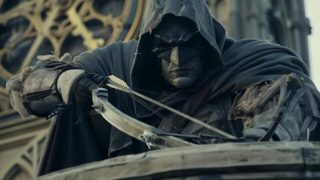 Masked vigilante in tattered robes stands atop Gothic clock tower, silver-tipped crossbow at the ready. Ominous atmosphere suggests dark purpose and impending action against injustice.
