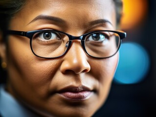 a close up of a woman wearing glasses