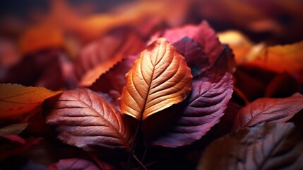 a close up of a pile of red and brown leaves