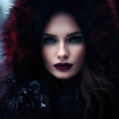 a woman with dark lipstick and fur hood