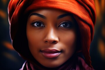 a woman with a red head scarf