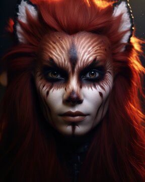 a woman with red hair and face paint