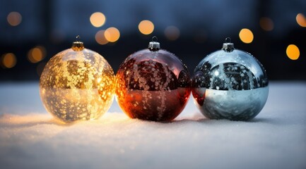 a group of shiny christmas ornaments in snow