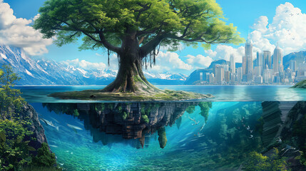 Big tree with nice view and underwater isolation background, Illustration