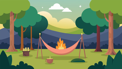 The peaceful and serene ambiance of a backyard transformed into a campsite with a hammock strung between two trees and a small bonfire burning