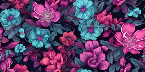 purple, pink and turquoise floral pattern