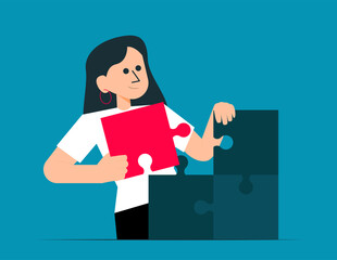 Happy man with jigsaw puzzle success. Soft skills concept illustration