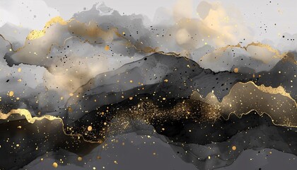 Abstract watercolor background vector. Luxury wallpaper with paint brush and gold line art. Black and gray watercolor, golden lines illustration for wall art, cover and invitation cards