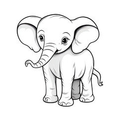 A cute cartoon baby elephant, with a simple outline and shapes drawn with black lines on a white background