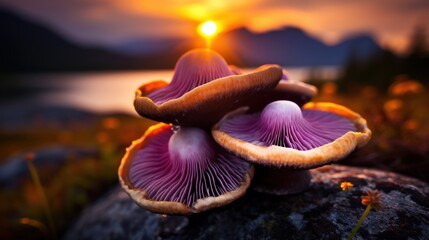 a group of mushrooms on a rock