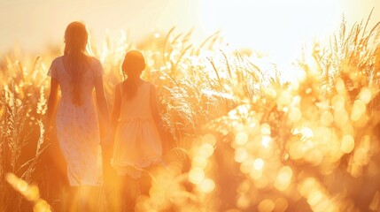 Two silhouetted figures walking away in a wheat field at sunset, evoking warmth and tranquility
