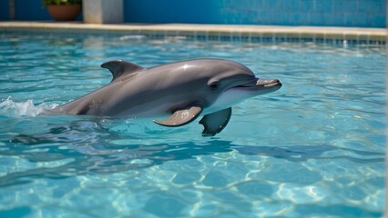 Naklejka premium Playful dolphin in a sunlit turquoise swimming pool