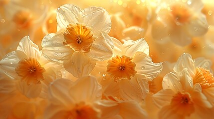 Paint an intimate portrait of a cluster of daffodils, their bright yellow turning to a soft, almost translucent white as they dry and wither
