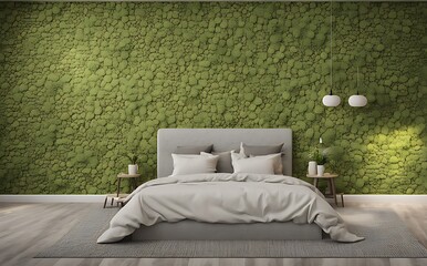 Mock up bed room with moss brick wall 3d illustration rendering
