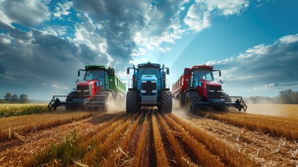 Combines in action during harvest in golden hour, farming machinery working in wheat field
