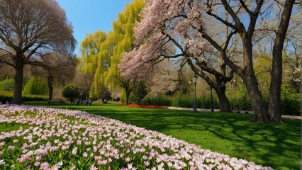 Naklejka premium Panoramic view of a serene park with blooming cherry blossoms and tulips