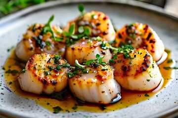 beautiful plate of sous vide seared scallops with herbs and spices