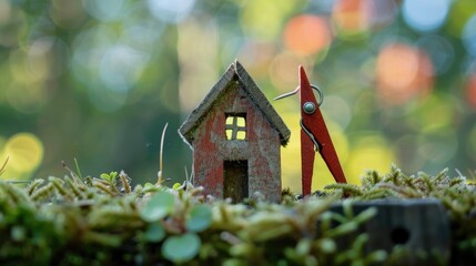 Little wooden house on green moss with red clothespin on blurred background