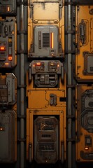 a wall with many metal panels