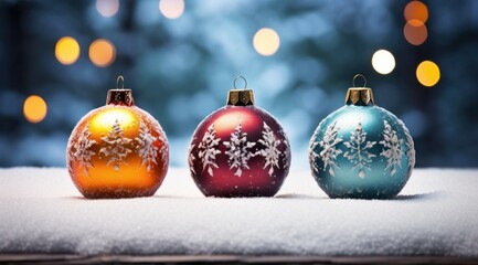 a group of colorful ornaments in snow