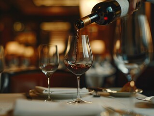 the sommelier pours wine into a glass from a bottle. a glass with wine on a set table  - obrazy, fototapety, plakaty