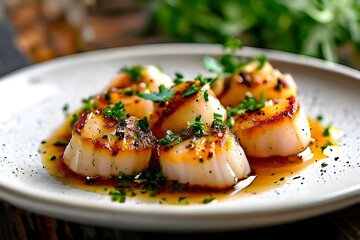 beautiful plate of sous vide seared scallops with herbs and spices