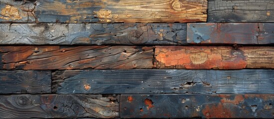 A detailed view of a weathered wooden wall showing signs of deterioration with peeling paint and corrosion