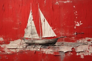 a painting of a boat on a red background - obrazy, fototapety, plakaty