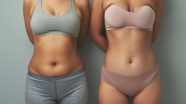 Tummy tuck, two fat women with flabby bellies on gray background, plastic surgery and body positive concept hyper realistic 