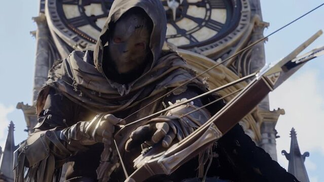 Masked vigilante in tattered robes stands atop Gothic clock tower, silver-tipped crossbow at the ready. Ominous atmosphere suggests dark purpose and impending action against injustice.
