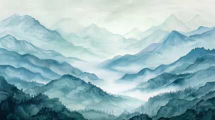 vintage watercolor painting landscape of mountains and valleys with misty atmosphere