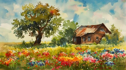 vintage watercolor painting of old house in the meadow of flowers