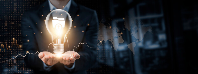 Open Data: Innovation, Collaboration, Transparency Concept. Hands of Businessman Holding Light Bulb and Open Data Icon with Data Network Digital Technology. Advancing Access, Empowering Insights.