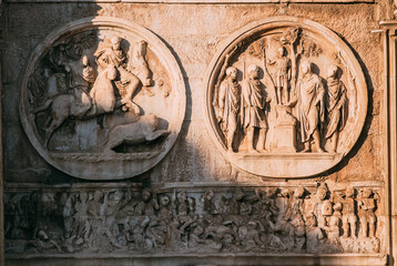 Rome, Italy. Details Of Arch Of Constantine. Bas-relief On Facade Of Triumphal Arch.