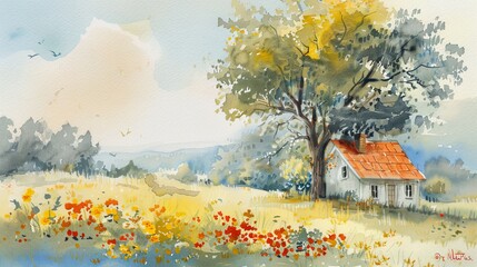 vintage watercolor painting of old house in the meadow of flowers