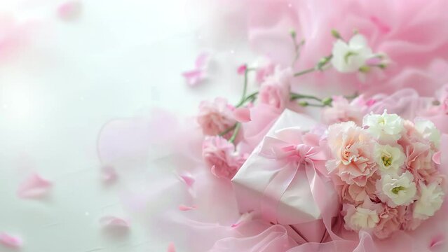 carnation and gift box.Pink petals fall. Mother's Day, wedding gift.generated AI.(011)