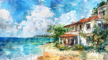 vintage watercolor painting of old villa with beautiful beach view