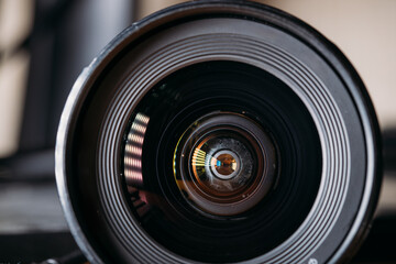 Close up detail photographic Camera lens. Close up detail Camera lens with reflections, Concept for...