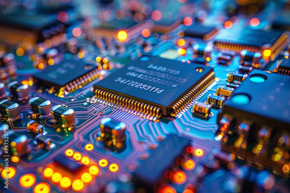 Poster detailed view of a computer circuit board with intricate components and pathways. generative ai