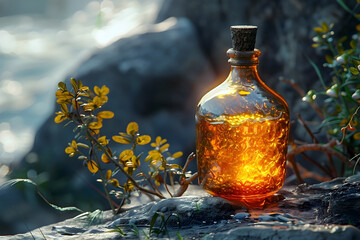 Captivating Amber Elixir Shines Amid Verdant Foliage in Timeless Photographic Masterpiece