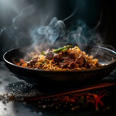 Stir fry noodles with beef chunks and vegetables on a dark background with smoke and steam.