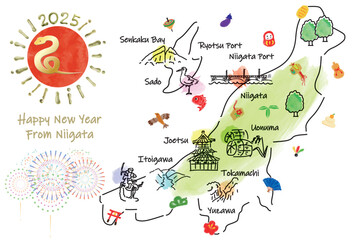 新潟県の観光地のイラストマップ年賀状2025年
