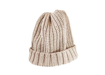 Herbstmütze isoliert auf weißen Hintergrund. Winterhaube auf transparenten leeren Grund. Knitted Beanie aus Wolle Ausschnitt. Gestrickte Kleidung Kopfbedeckung Kappe isoliert auf Weiß.
