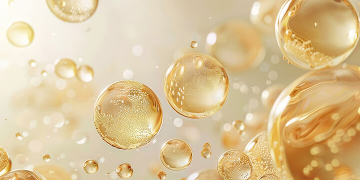 Golden yellow abstract oil bubbles or face serum background. Oil and water bubbles .golden yellow Bubbles oil or collagen serum for cosmetic product, banner poster