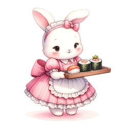 Rabbit wearing a maid outfit holding sushi food sergeant watercolor - obrazy, fototapety, plakaty